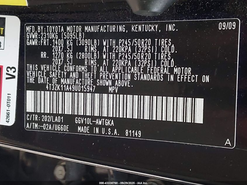 2009 Toyota Venza Base V6 VIN: 4T3ZK11A49U015947 Lot: 43330768