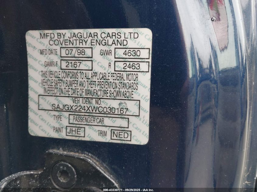 1998 Jaguar Xk8 VIN: SAJGX224XWC030167 Lot: 43330771