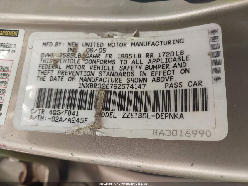 2006 Toyota Corolla Le VIN: 1NXBR32E76Z574147 Lot: 43330773