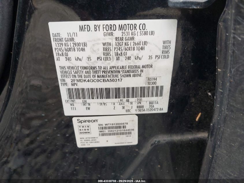 2012 Ford Edge Se VIN: 2FMDK4GC0CBA50317 Lot: 43330788