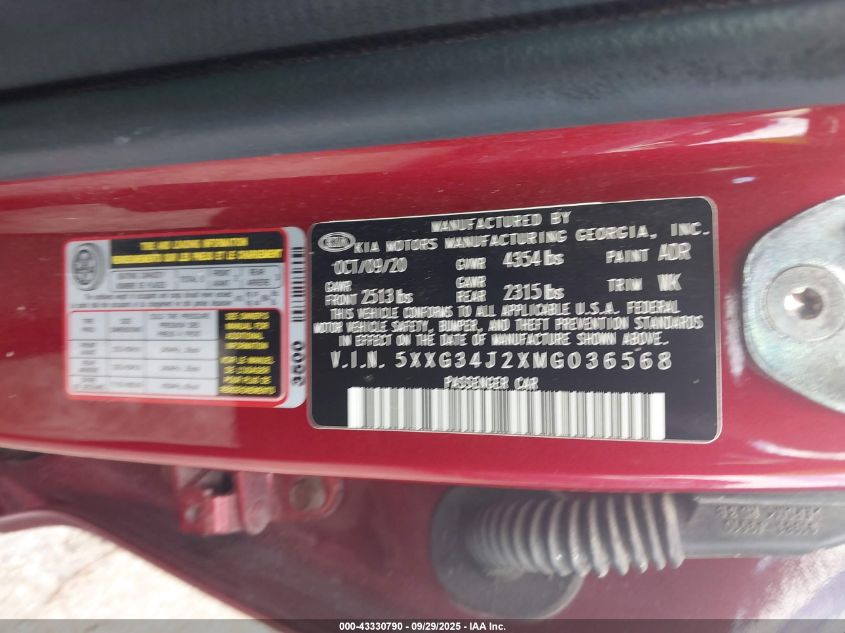 2021 Kia K5 Ex VIN: 5XXG34J2XMG036568 Lot: 43330790