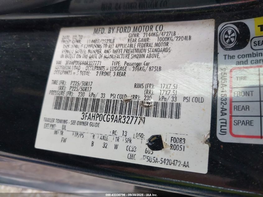 2010 Ford Fusion Sel VIN: 3FAHP0CG9AR327771 Lot: 43330796