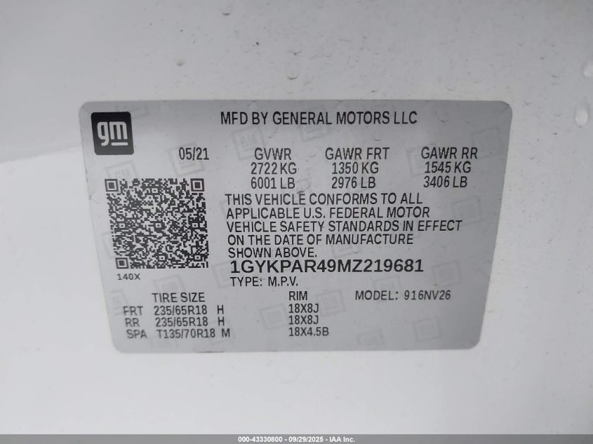 2021 Cadillac Xt6 Fwd Luxury VIN: 1GYKPAR49MZ219681 Lot: 43330800