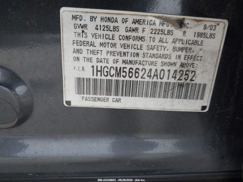 2004 Honda Accord 2.4 Ex VIN: 1HGCM56624A014252 Lot: 43330803