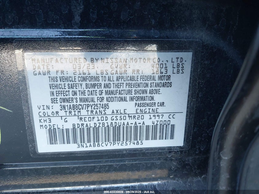 2023 Nissan Sentra Sv Xtronic Cvt VIN: 3N1AB8CV7PY257485 Lot: 43330806