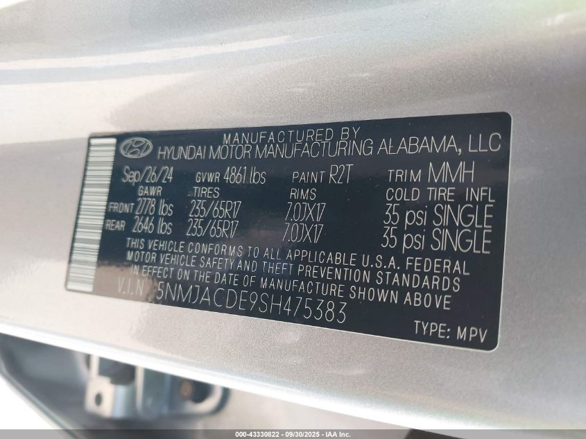 2025 Hyundai Tucson Se VIN: 5NMJACDE9SH475383 Lot: 43330822