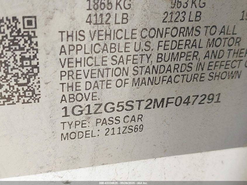 2021 Chevrolet Malibu Fwd Rs VIN: 1G1ZG5ST2MF047291 Lot: 43330825