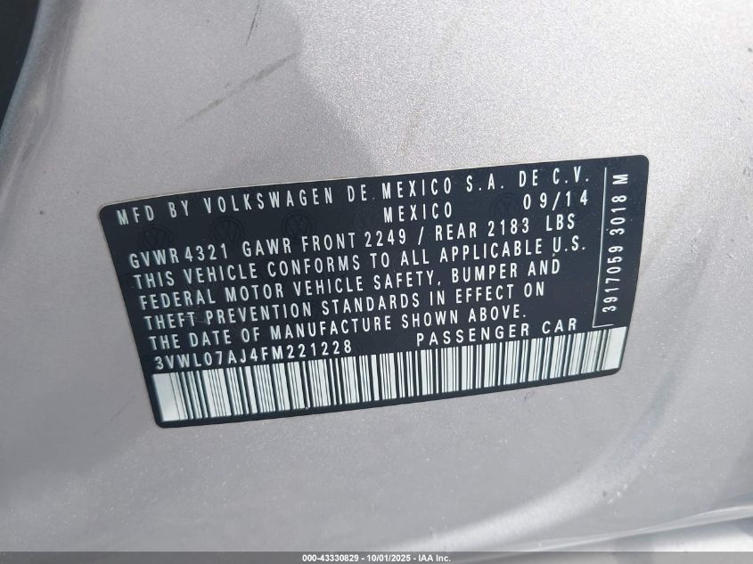 2015 Volkswagen Jetta 1.8T Sel VIN: 3VWL07AJ4FM221228 Lot: 43330829
