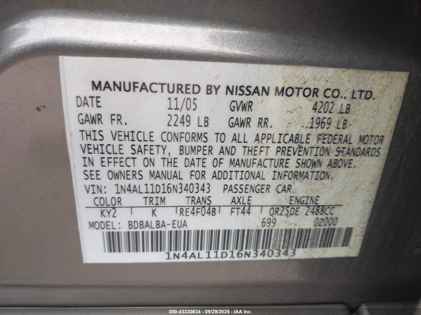 2006 Nissan Altima 2.5 S VIN: 1N4AL11D16N340343 Lot: 43330834