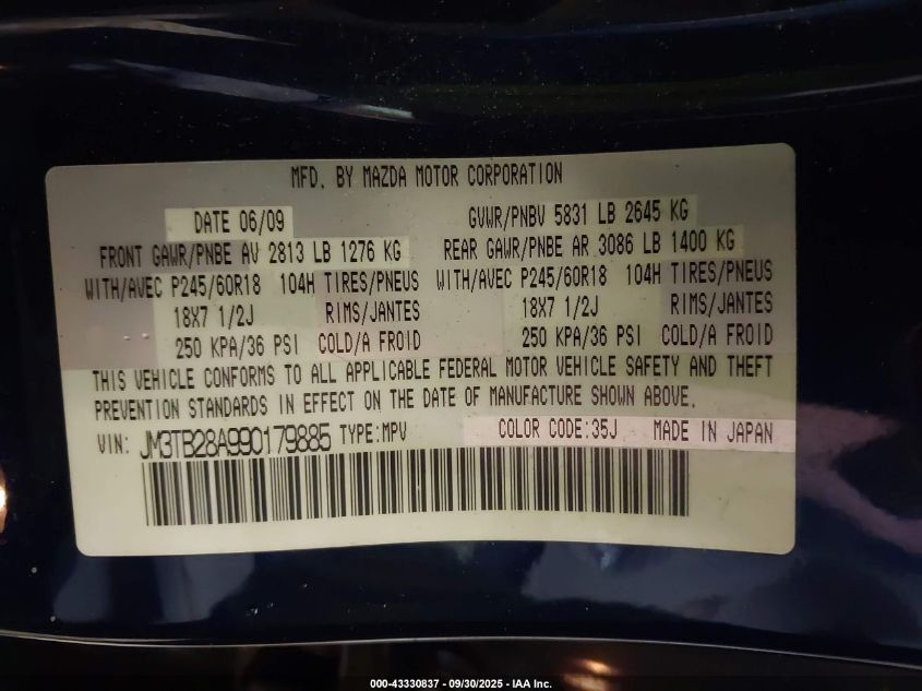 2009 Mazda Cx-9 Touring VIN: JM3TB28A990179885 Lot: 43330837