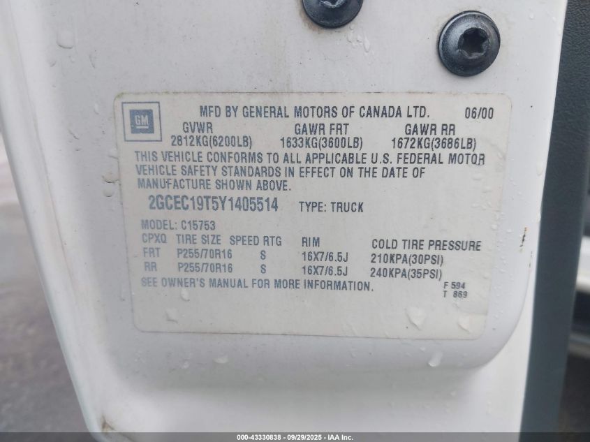 2000 Chevrolet Silverado 1500 Ls VIN: 2GCEC19T5Y1405514 Lot: 43330838