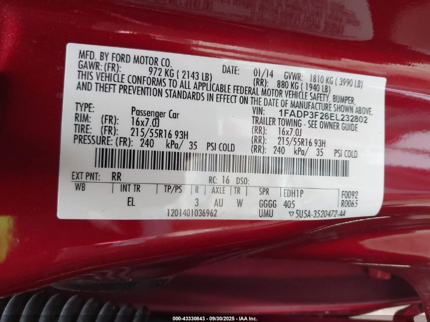 2014 Ford Focus Se VIN: 1FADP3F26EL232802 Lot: 43330843