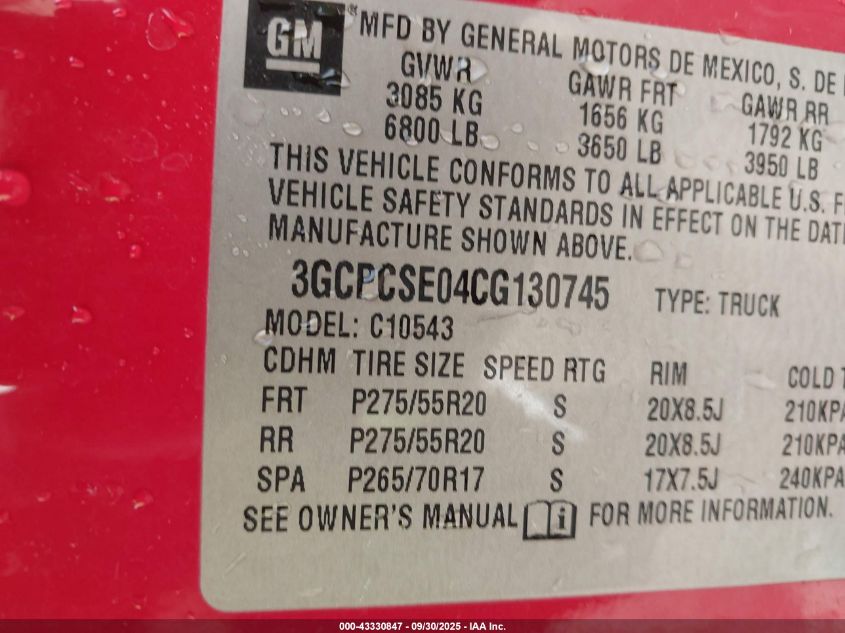 2012 Chevrolet Silverado 1500 Lt VIN: 3GCPCSE04CG130745 Lot: 43330847