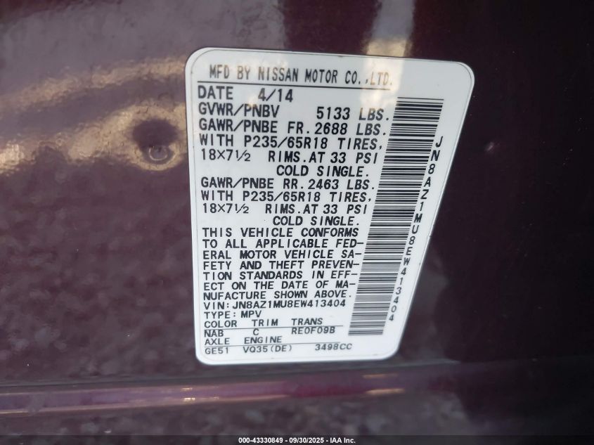 2014 Nissan Murano Le/S/Sl/Sv VIN: JN8AZ1MU8EW413404 Lot: 43330849