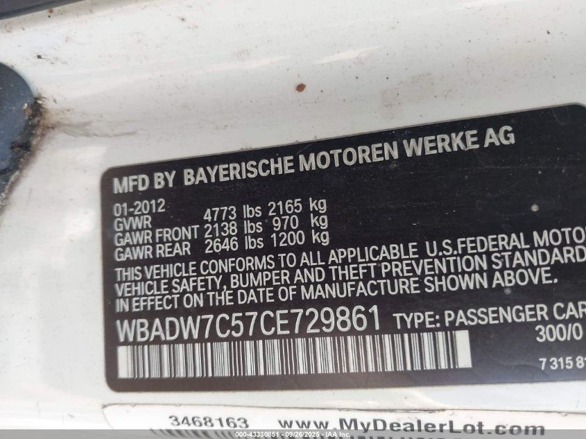 2012 BMW 328I VIN: WBADW7C57CE729861 Lot: 43330851