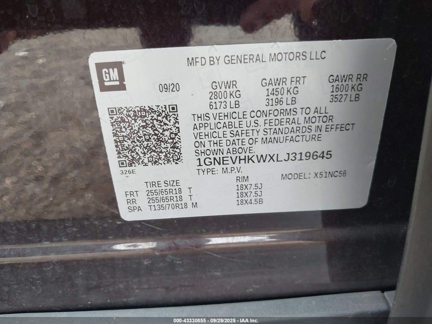 2020 CHEVROLET TRAVERSE AWD LT LEATHER - 1GNEVHKWXLJ319645