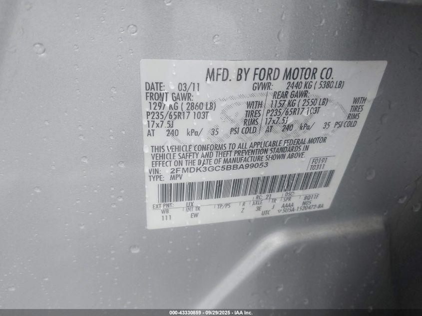 2011 Ford Edge Se VIN: 2FMDK3GC5BBA99053 Lot: 43330859