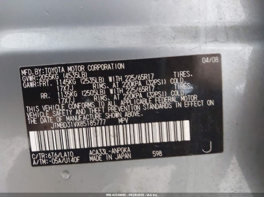 2008 Toyota Rav4 Limited VIN: JTMBD31VX85185777 Lot: 43330860