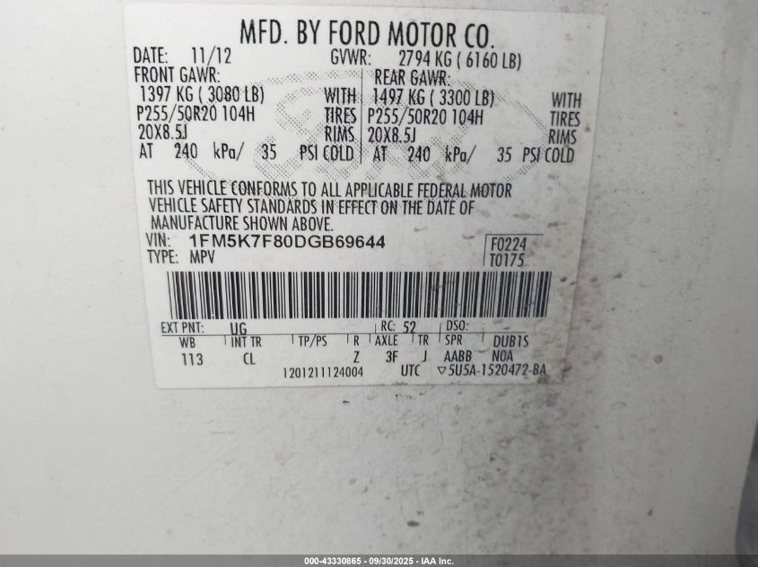 2013 Ford Explorer Limited VIN: 1FM5K7F80DGB69644 Lot: 43330865