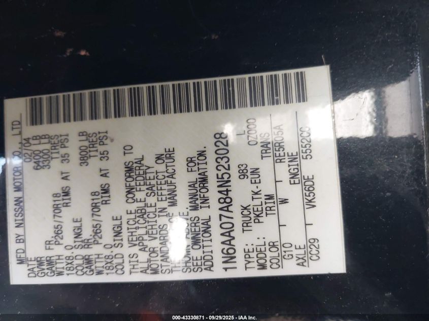 2004 Nissan Titan Se VIN: 1N6AA07A84N523028 Lot: 43330871