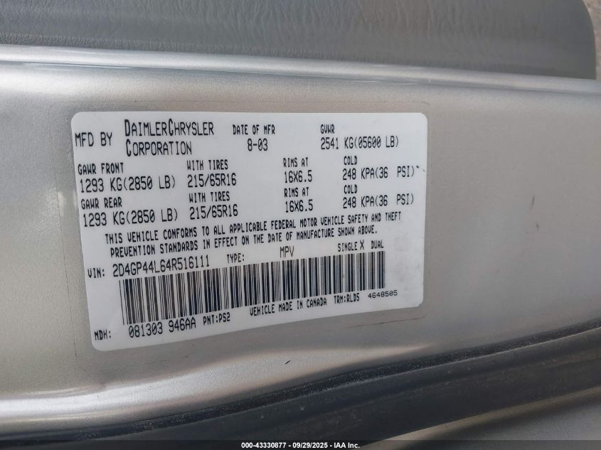 2004 Dodge Grand Caravan Sxt VIN: 2D4GP44L64R516111 Lot: 43330877