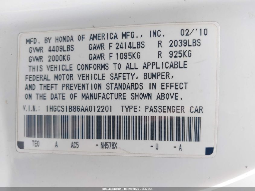 2010 Honda Accord 2.4 Ex-L VIN: 1HGCS1B86AA012201 Lot: 43330881