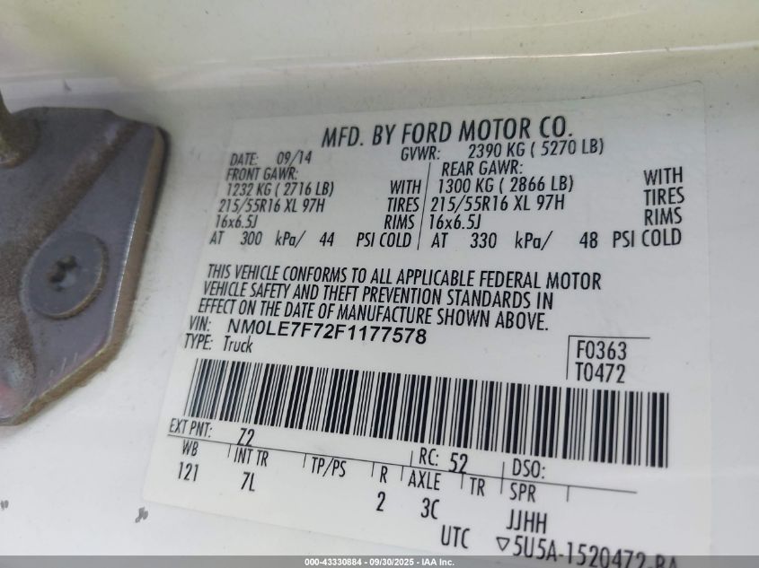 2015 Ford Transit Connect Xlt VIN: NM0LE7F72F1177578 Lot: 43330884