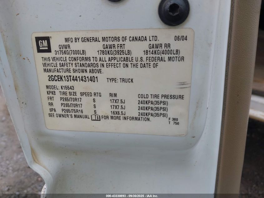 2004 Chevrolet Silverado 1500 Z71 VIN: 2GCEK13T441431401 Lot: 43330893