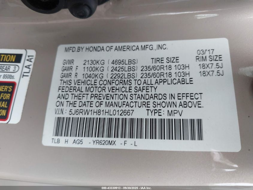 2017 Honda Cr-V Ex-L/Ex-L Navi VIN: 5J6RW1H81HL012667 Lot: 43330913