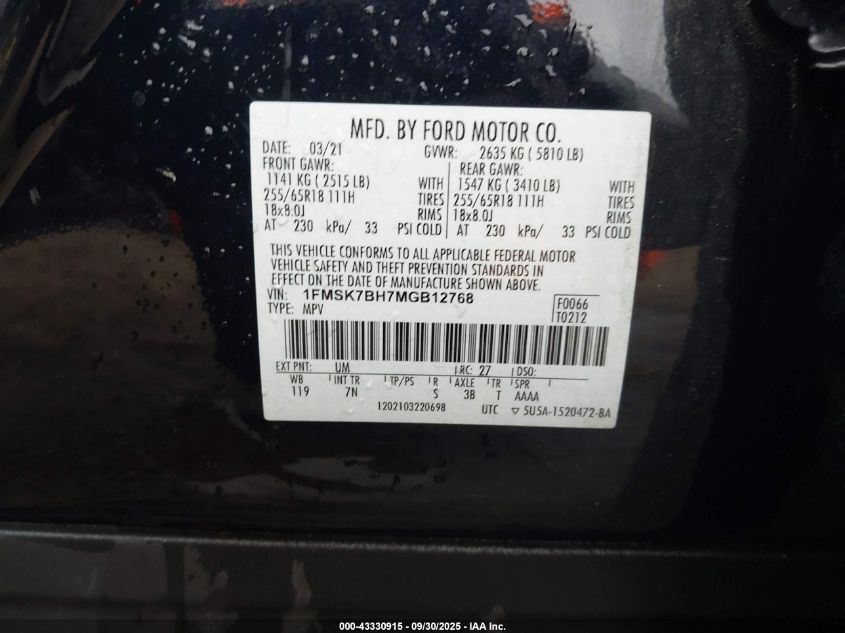 2021 Ford Explorer VIN: 1FMSK7BH7MGB12768 Lot: 43330915