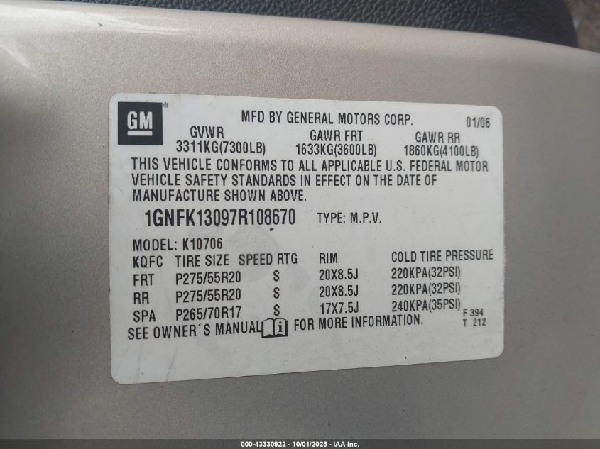 2007 Chevrolet Tahoe Ltz VIN: 1GNFK13097R108670 Lot: 43330922