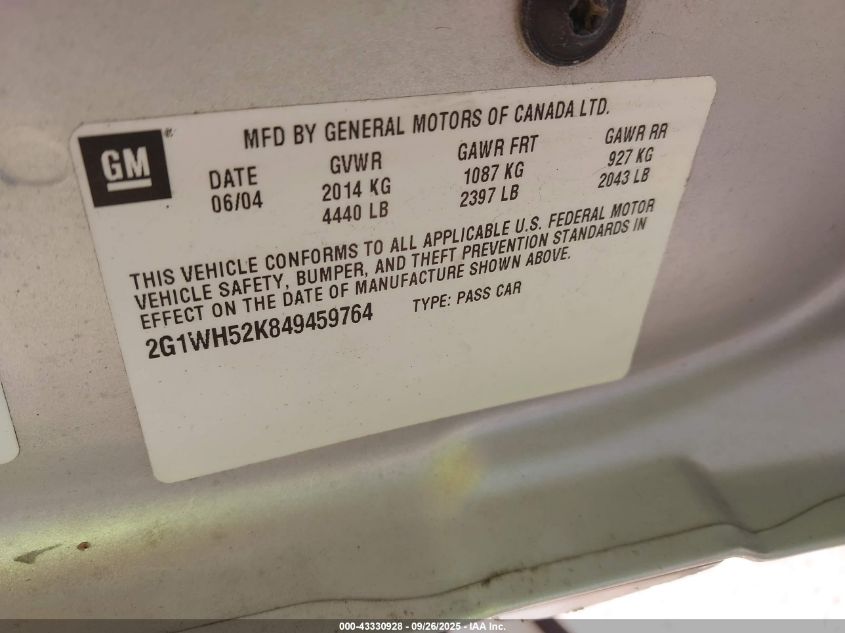 2004 Chevrolet Impala Ls VIN: 2G1WH52K849459764 Lot: 43330928