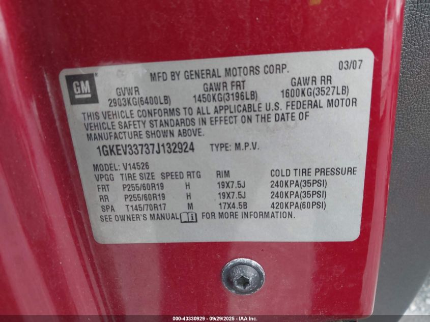 2007 GMC Acadia Slt-1 VIN: 1GKEV33737J132924 Lot: 43330929