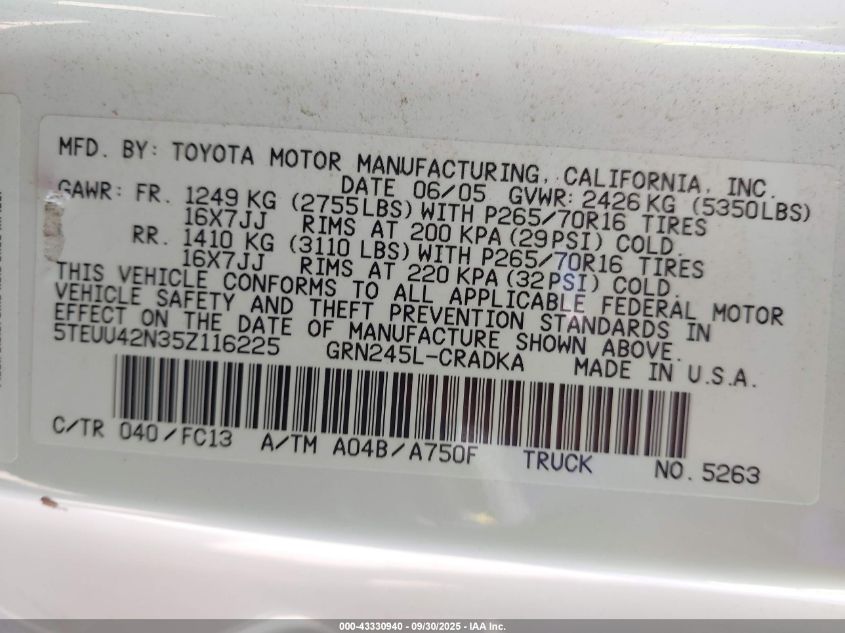 2005 Toyota Tacoma Base V6 VIN: 5TEUU42N35Z116225 Lot: 43330940