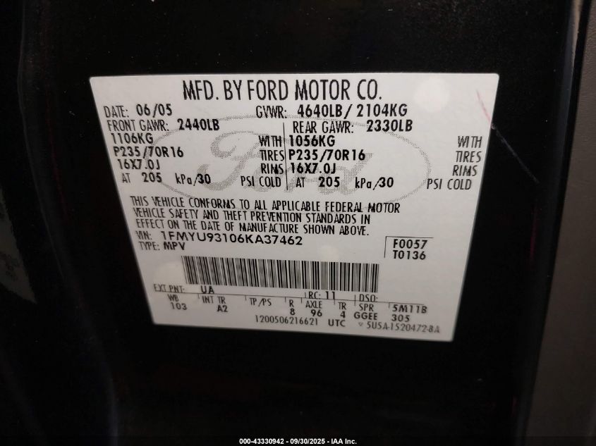 2006 Ford Escape Xlt/Xlt Sport VIN: 1FMYU93106KA37462 Lot: 43330942