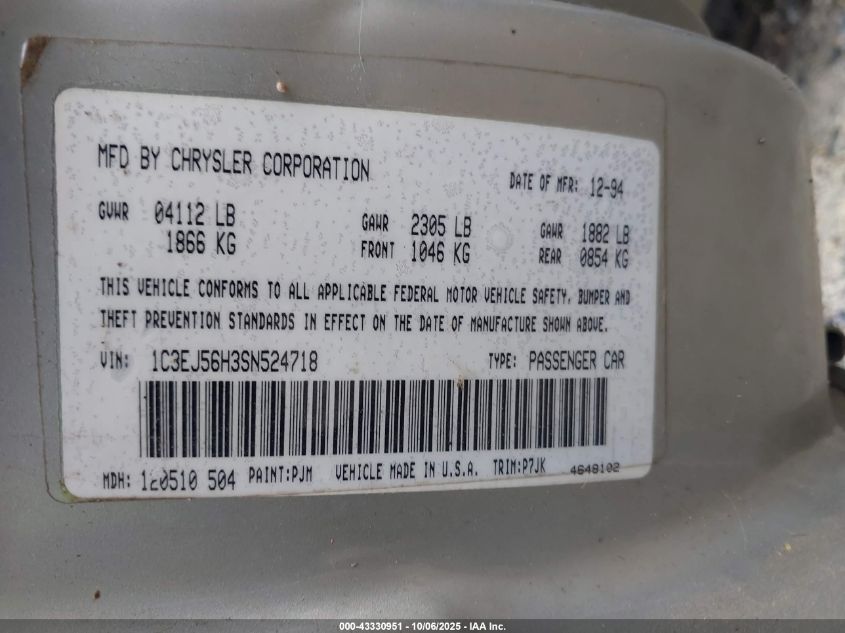 1995 Chrysler Cirrus Lx/Lxi VIN: 1C3EJ56H3SN524718 Lot: 43330951