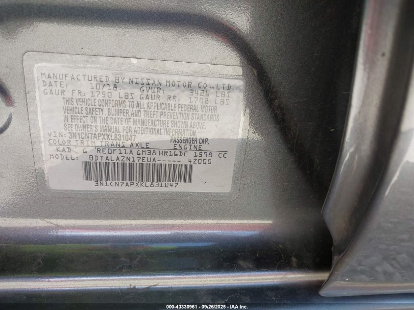 2019 Nissan Versa 1.6 S+ VIN: 3N1CN7APXKL831047 Lot: 43330961