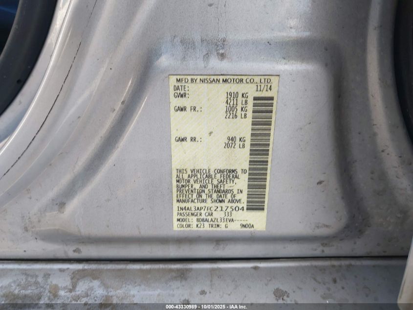 2015 Nissan Altima VIN: 1N4AL3AP7SC217504 Lot: 43330989