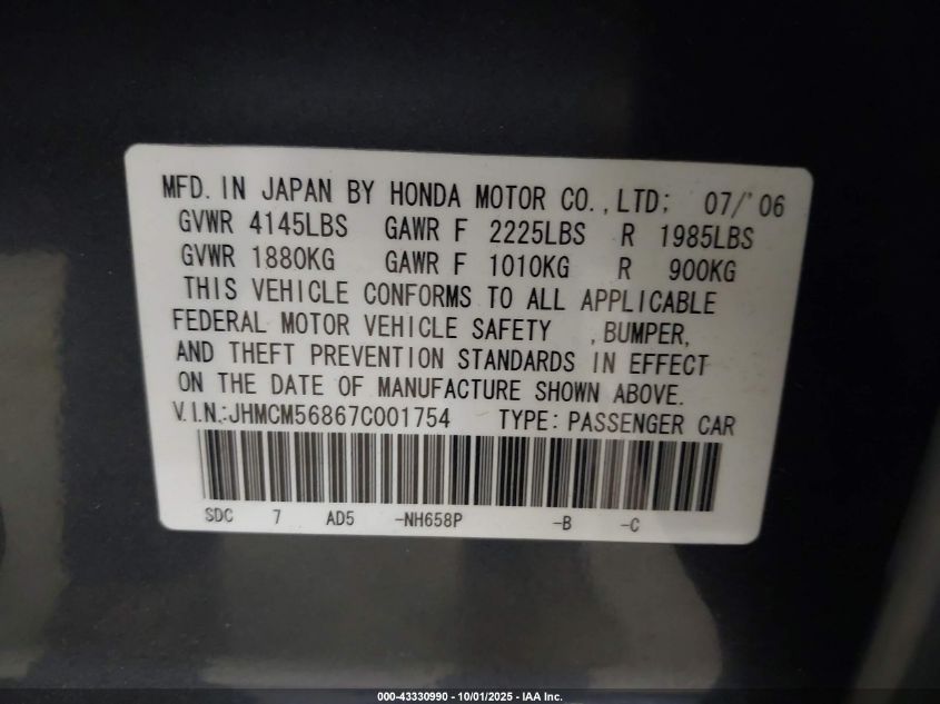2007 Honda Accord 2.4 Ex VIN: JHMCM56867C001754 Lot: 43330990