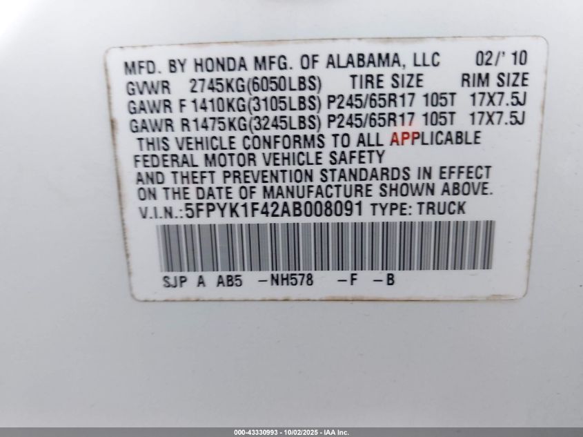 2010 Honda Ridgeline Rts VIN: 5FPYK1F42AB008091 Lot: 43330993