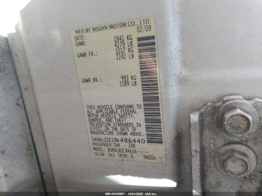 2009 Nissan Altima 2.5 S VIN: 1N4AL21E19N486440 Lot: 43330997