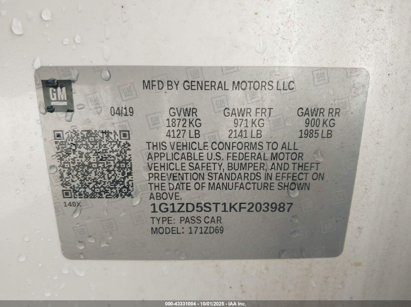 2019 Chevrolet Malibu Lt VIN: 1G1ZD5ST1KF203987 Lot: 43331004