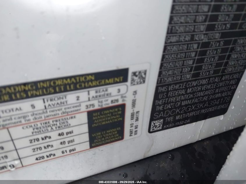 2019 Jaguar F-Pace 25T Prestige/30T Prestige VIN: SADCK2GX3KA394178 Lot: 43331006