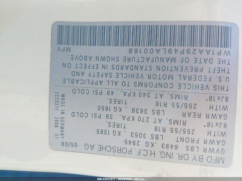2009 Porsche Cayenne VIN: WP1AA29P49LA00168 Lot: 43331017