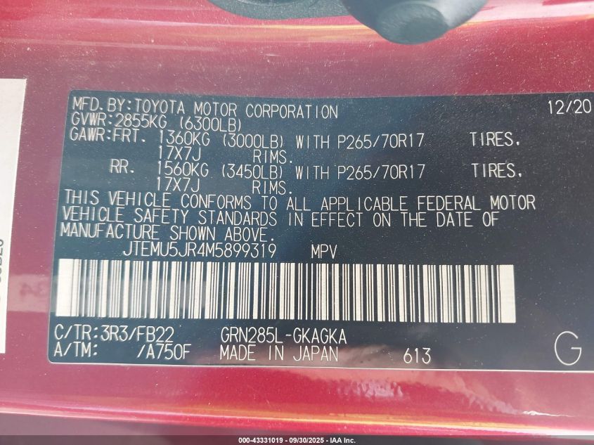 2021 Toyota 4Runner Sr5 VIN: JTEMU5JR4M5899319 Lot: 43331019