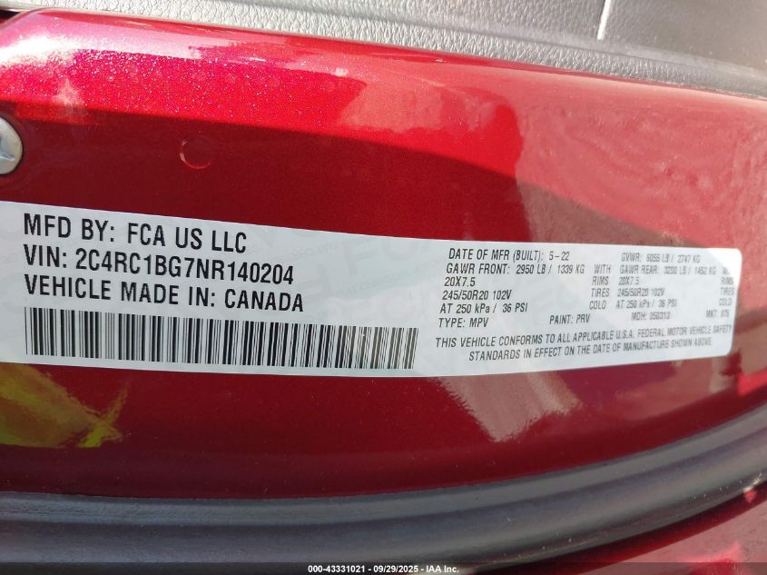 2022 Chrysler Pacifica Touring L VIN: 2C4RC1BG7NR140204 Lot: 43331021