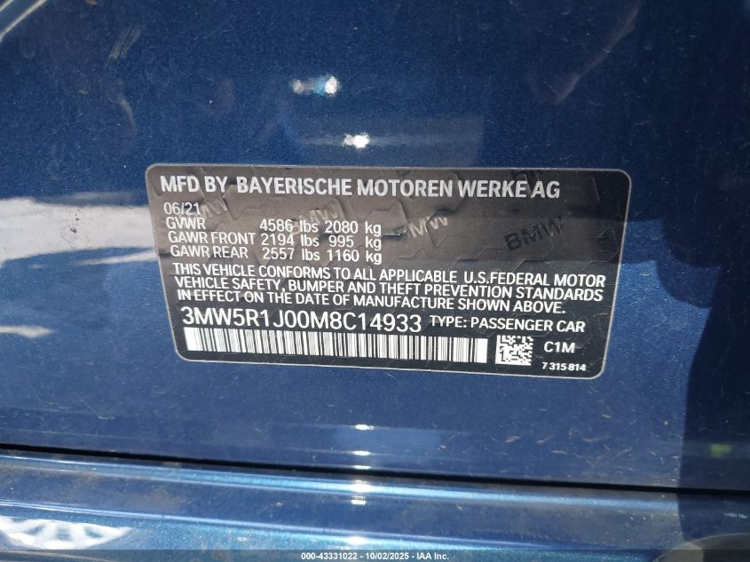 2021 BMW 330I VIN: 3MW5R1J00M8C14933 Lot: 43331022