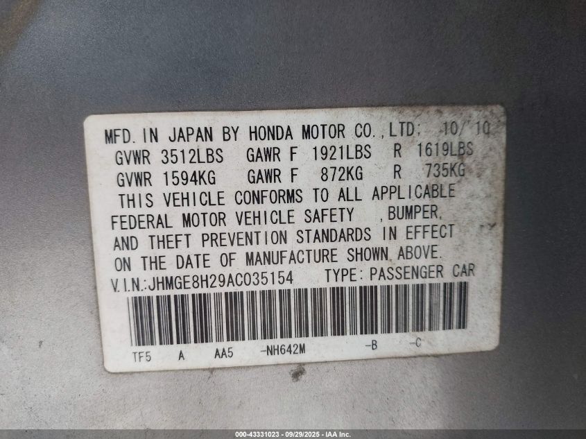 2010 Honda Fit VIN: JHMGE8H29AC035154 Lot: 43331023
