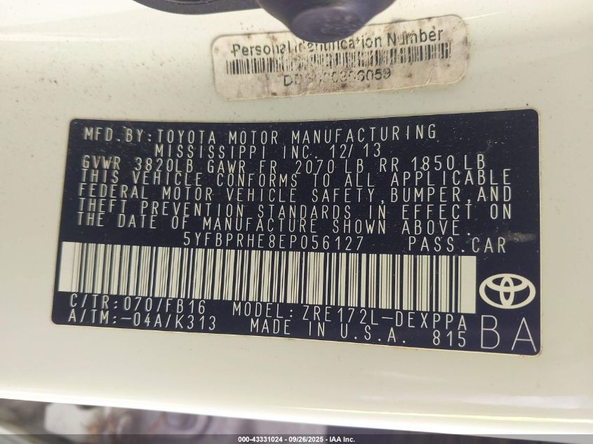 2014 Toyota Corolla Le Eco Plus VIN: 5YFBPRHE8EP056127 Lot: 43331024