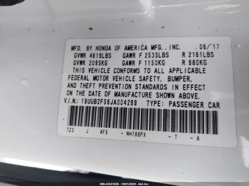 2018 Acura Tlx Tech Pkg VIN: 19UUB2F56JA004299 Lot: 43331026